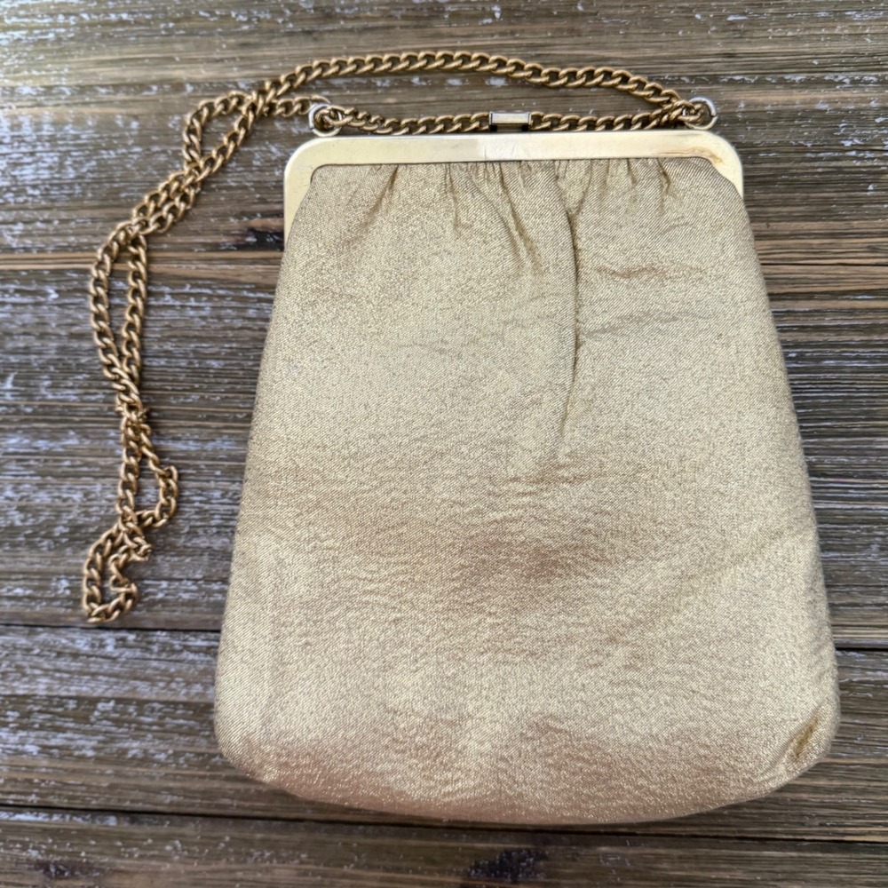 Vintage Gold Metallic Evening Bag Kiss Lock Frame Chain Strap Clutch Purse